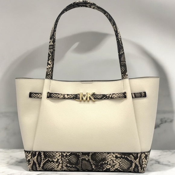 Michael Kors Reed Large Tote Bag Snakeskin Cream/Black - Picture 1 of 9